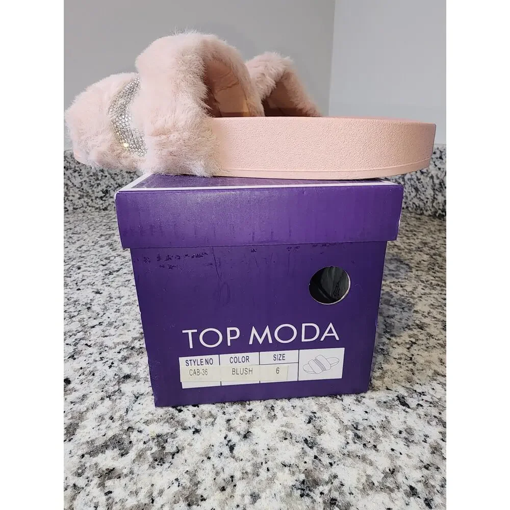 Top Moda CAB-36 Blush Faux Fur Rhinestone Sandals